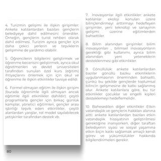 4. Turizmin gelişimi ile ilişkin girişimler:
Ankete katılanlardan bazıları gençlerin
belediyeye dahil edilmesini önerdiler.
Örneğin, gençlerin turist rehberi olarak
dahil edilmesi. Turizim ayrıca gençler için
daha çekici yerlerin ve teşviklerin
gelişimine de yardımcı olabilir.
5. Öğrencilerin bilgilerini geliştirmek ve
öğrenme becerisini geliştirmek, ayrıca okul
öğretmenleri ve devlet üniversiteleri
tarafından sunulan özel kurs (eğitim)
ihtiyaçlarını önlemek için için okul ve
öğrenme ile ilişkin etkinlikler tavsiye edildi.
6. Formel olmayan eğitim ile ilişkin girişim
(burada öğrenimle ilgili olmayan ancak
eğitimle ilgili etkinlikler dahildir): çeşitli
programlarla gençler için birkaç günlük
kamplar, yönetici eğitimleri, gençler arası
işbirliği teşvik eden etkinlikler, çeşitli
alanlardan yarışlar, rol model sayılabilecek
yetişkinler tarafından destek vb.
7. İnovasyonlar ilgili etkinlikler: ankete
katılanlar ekoloji konuları üzere
bilinçlendirmeyi arttırmayı hedeﬂeyen
girişimler, yeni teknoloji ve sanayinin
gelişimi üzerine eğitimlerden
bahsettiler.
8. Bilim alanından girişimler: bilim
inovasyonları , bilimsel inovasyonların
gerektiği gibi kullanımı, ayrıca bilim
alanından yeni yeteneklerin
desteklenmesi gibi etkinlikler.
9. Gönüllülük: ankete katılanlardan
bazılar gönüllü bazku etkinliklerin
uygulanmasının öneminden bahsetti,
çünkü bu şekilde gençlerde toplumsal
bilincin gelişmesine de katkı sağlanmış
olur. Ankete katılanlara göre, bu tür
etkinlikler çocuklar ve engelli kişileri
desteklemeyi hedeﬂemelidir.
10. Bahesedilen diğer etkinlikler Etkin
vatandaşlık ve gençlerin hakkları alanına
aitti: ankete katılanlardan bazıları etkin
vatandaşlık hissiyatının geliştirilmesi
gerektiğine inanıyorken, diğer taraftan
belediyenin siyasi ve sosyal yaşamına
etkin biçin katkı sağlamak amaçlı kendi
görev ve yükümlülükler hakkında
bilgilendirimeleri gerekir.
80
 