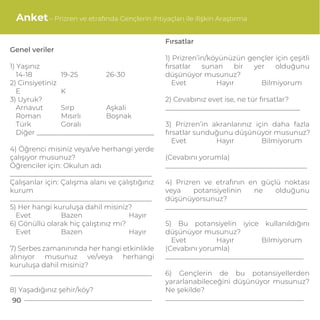Anket– Prizren ve etrafında Gençlerin ihtiyaçları ile ilişkin Araştırma
Genel veriler
1) Yaşınız
14-18 19-25 26-30
2) Cinsiyetiniz
E K
3) Uyruk?
Arnavut Sırp Aşkali
Roman Mısırlı Boşnak
Türk Goralı
Diğer __________________________________
4) Öğrenci misiniz veya/ve herhangi yerde
çalışıyor musunuz?
Öğrenciler için: Okulun adı
_________________________________________
Çalışanlar için: Çalışma alanı ve çalıştığınız
kurum
_________________________________________
5) Her hangi kuruluşa dahil misiniz?
Evet Bazen Hayır
6) Gönüllü olarak hiç çalıştınız mı?
Evet Bazen Hayır
7) Serbes zamanınında her hangi etkinlikle
alınıyor musunuz ve/veya herhangi
kuruluşa dahil misiniz?
_________________________________________
8) Yaşadığınız şehir/köy?
_____________________________________
Fırsatlar
1) Prizren’in/köyünüzün gençler için çeşitli
fırsatlar sunan bir yer olduğunu
düşünüyor musunuz?
Evet Hayır Bilmiyorum
2) Cevabınız evet ise, ne tür fırsatlar?
_______________________________________
3) Prizren’in akranlarınız için daha fazla
fırsatlar sunduğunu düşünüyor musunuz?
Evet Hayır Bilmiyorum
(Cevabını yorumla)
_________________________________________
4) Prizren ve etrafının en güçlü noktası
veya potansiyelinin ne olduğunu
düşünüyorsunuz?
_________________________________________
5) Bu potansiyelin iyice kullanıldığını
düşünüyor musunuz?
Evet Hayır Bilmiyorum
(Cevabını yorumla)
________________________________________
6) Gençlerin de bu potansiyellerden
yararlanabileceğini düşünüyor musunuz?
Ne şekilde?
________________________________________90
 