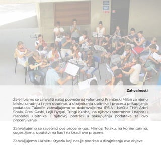 Zahvalnosti
Želeli bismo se zahvaliti našoj posvećenoj volonterici Frančeski Milan za njenu
blisku saradnju i njen doprinos u dizajniranju upitnika i procesu prikupljanja
podataka. Takođe, zahvaljujemo se dobrovoljcima IPSIA i NVO-a THY: Arbri
Shala, Gresi Gashi, Lejli Bytyqi, Tringi Kushaj, na njihovu spremnost i napor u
raspodeli upitnika i njihovoj podršci u sakupljanju podataka za ovo
procenjivanje.
Zahvaljujemo se savetnici ove procene gos. Mimozi Telaku, na komentarima,
sugestijama, uputstvima kao i na izradi ove procene.
Zahvaljujemo i Arbëru Kryeziu koji nas je podržao u dizajniranju ove objave.
 