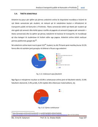 Analiza e transportit publik në Komunën e Prishtinës 2016
BSc. Ermal B. Sylejmani Prof. Dr. Sc. Shaban BUZA Faqe 107
5.4. TIKETA SEMESTRALE
Anketimi ka pasur për qëllim që përmes anketimit online të shqyrtohet mundësia e krijimit të
një tikete semestrale për student, në mënyrë që të reduktohen kostot e shfrytëzimit të
transportit publik në Komunën e Prishtinës. Tiketa semestrale është një tiketë për student që
vlen gjatë një semestri dhe është pjese e tarifës së pagesës së semestrit (pagesa për semestër +
tiketa semestrale) dhe ka qëllim që përveç reduktimit të kostove të transportit, të mundësojë
që disa kategori të studenteve të lirohen edhe nga pagesa. Anketimi online është realizuar
përmes platformës google doc68
.
Në anketimin online kanë marrë pjesë 52269
student, ku 66.7% kanë qenë meshkuj kurse 33.3%
femra dhe në vazhdim janë paraqitur të dhënat e fituara nga anketimi:
Fig. 5.11. Anketuesit sipas fakultetit
Nga figura e mësipërme rezulton se 63.8% e anketuesve online janë në fakultetin teknik, 15.9%
fakultetin ekonomik, 5.4% juridik, 4.2% mjekësi dhe shkencave matematikore, etj.
Fig. 5.12. Gjinia e anketuesve
68
https://docs.google.com/forms/d/1mwIuSimUfZ7_d_yyzoSbD-QprjMgZVv-eDx9us57oqQ/edit
69
https://docs.google.com/forms/d/1mwIuSimUfZ7_d_yyzoSbD-QprjMgZVv-eDx9us57oqQ/edit#responses (deri me 23/11/2016)
 