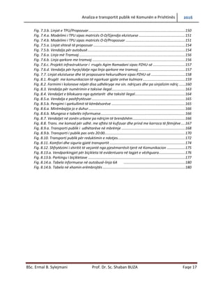Analiza e transportit publik në Komunën e Prishtinës 2016
BSc. Ermal B. Sylejmani Prof. Dr. Sc. Shaban BUZA Faqe 17
Fig. 7.3.b. Linjat e TPU/Propozuar................................................................................................150
Fig. 7.4.a. Modelimi i TPU sipas matricës O-D/Gjendja ekzistuese..............................................151
Fig. 7.4.b. Modelimi i TPU sipas matricës O-D/Propozuar ...........................................................151
Fig. 7.5.a. Linjat shtesë të propozuar ...........................................................................................154
Fig. 7.5.b. Vendalja për autobusë.................................................................................................154
Fig. 7.6.a. Linja më Tramvaj .........................................................................................................156
Fig. 7.6.b. Linja qarkore me tramvaj ............................................................................................156
Fig. 7.6.c. Projekti infrastrukturor i rrugës Agim Ramadani sipas PZHU-së ................................157
Fig. 7.6.d. Vendalja për hyrje/dalje nga linja qarkore me tramvaj ..............................................157
Fig. 7.7. Linjat ekzistuese dhe të propozuara hekurudhore sipas PZHU-së..................................158
Fig. 8.1. Rrugët me komunikacion të ngarkuar gjate orëve kulmore..........................................159
Fig. 8.2. Formimi i kolonave nëpër disa udhëkryqe me sin. ndriçues dhe pa sinjalizim ndriç ......160
Fig. 8.3. Vendalja për numërimin e taksive ilegal.........................................................................163
Fig. 8.4. Vend ndaljet e bllokuara nga qytetarët dhe taksitë ilegal.............................................164
Fig. 8.5.a. Vendalja e pashfrytëzuar.............................................................................................165
Fig. 8.5.b. Pengimi i qarkullimit të këmbësorëve .........................................................................165
Fig. 8.6.a. Mirëmbajtja jo e duhur................................................................................................166
Fig. 8.6.b. Mungesa e tabelës informuese....................................................................................166
Fig. 8.7. Vend ndaljet në zonën urbane pa ndriçim të brendshëm...............................................166
Fig. 8.8. Trans. me komod për udhë. me aftësi të kufizuar dhe prind me karroca të fëmijëve....167
Fig. 8.9.a. Transporti publik i udhëtarëve në mbrëmje ...............................................................168
Fig. 8.9.b. Transporti i publik pas orës 20:00................................................................................170
Fig. 8.10. Transporti publik për reduktimin e ndotjes...................................................................172
Fig. 8.11. Komfori dhe siguria gjatë transportit ...........................................................................174
Fig. 8.12. Shfrytëzimi i shiritit të veçantë nga pjesëmarrësit tjerë në Komunikacion ..................175
Fig. 8.13.a. Vendparkingjet për biçikleta të evidentuara në lagjet e vëzhguara..........................176
Fig. 8.13.b. Parkingu i biçikletave ................................................................................................177
Fig. 8.14.a. Tabela informuese në autobusë-linja 6A .............................................................180
Fig. 8.14.b. Tabela në xhamin erëmbrojtës..................................................................................180
 