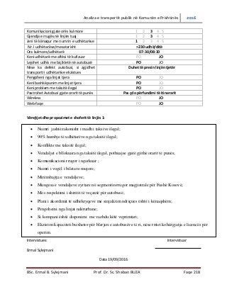 Analiza e transportit publik në Komunën e Prishtinës 2016
BSc. Ermal B. Sylejmani Prof. Dr. Sc. Shaban BUZA Faqe 218
Komunikacioni gjate orës kulmore 1 2 3 4 5
Gjendja e rrugës në linjën tuaj 1 2 3 4 5
Jeni të kënaqur me numrin e udhëtarëve 1 2 3 4 5
Nr. I udhëtarëve/mesatarisht >230 udhë/ditë
Ora kulmore/udhëtarë 07:30/08:30
Keni udhëtarë me aftësi të kufizuar PO JO
Lejohet udhë. me biçikletë në autobusë PO JO
Nëse ka defekt autobusi, si zgjidhet
transporti i udhëtarëve ekzistues
Duhet të presin linjën tjetër
Pengoheni nga linjat tjera PO JO
Keni bashkëpunim me linjat tjera PO JO
Keni problem me taksitë ilegal PO JO
Pastrohet Autobusi gjate orarit të punës Pas çdo përfundimi të itinerarit
Wireless PO JO
Web-faqe PO JO
Vërejtjet dhe propozimet e shoferit të linjës 1:
Intervistues: Intervistuar
Ermal Sylejmani
Data 19/09/2016
 Numri jashtëzakonisht i madh i taksive ilegal;
 90% humbje të udhëtarëve nga taksitë ilegal;
 Konflikte me taksitë ilegal;
 Vendaljet e bllokuara nga taksitë ilegal, pothuajse gjatë gjithë orarit të punës;
 Komunikacioni rrugor i ngarkuar ;
 Numri i vogël i biletave mujore;
 Mirëmbajtja e vendaljeve;
 Mungesa e vendaljeve zyrtare në segmentin rrugor magjistrale për Fushë Kosovë;
 Mos respektimi i shiritit të veçantë për autobusë;
 Plani i akordimit të udhëkryqeve me sinjalizim ndriçues është i kënaqshëm;
 Pengohemi nga linjat ndërurbane;
 Si kompani është disponimi me vazhdu këtë veprimtari;
 Ekziston kapaciteti buxhetor për blerjen e autobusëve të ri, nëse rritet kohëzgjatja e licencës për
operim.
 