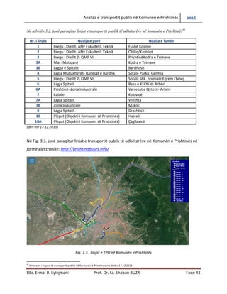 Analiza e transportit publik në Komunën e Prishtinës 2016
BSc. Ermal B. Sylejmani Prof. Dr. Sc. Shaban BUZA Faqe 43
Tabela 3.2. Linjat e transportit publik të udhëtarëve në komunën e Prishtinës44
Nr. i linjës Ndalja e parë Ndalja e fundit
1 Bregu i Diellit- Afër Fakultetit Teknik Fushë Kosovë
2 Bregu i Diellit- Afër Fakultetit Teknik Obiliq/Kastriot
3 Bregu i Diellit 2- QMF VI PrishtinëKodra e Trimave
3A Mat (Matiqan) Kodra e Trimave
3B Lagjja e Spitalit Bardhosh
4 Lagjja Muhaxheret- Banesat e Bardha Sofali- Parku Gërmia
5 Bregu i Diellit 2- QMF VI Sofali- Shk. normale Eqrem Qabej
6 Lagjja Spitalit Baza e KFOR-it- Arbëri
6A Prishtinë- Zona Industriale Varrezat e Qytetit- Arbëri
7 Kalabri Kolovicë
7A Lagjja Spitalit Vreshta
7B Zona Industriale Makoc
8 Lagjja Spitalit Grashticë
10 Plepat (Objekti i Komunës së Prishtinës) Hajvali
10A Plepat (Objekti i Komunës së Prishtinës) Çagllavicë
(deri më 17.12.2015)
Në Fig. 3.3. janë paraqitur linjat e transportit publik të udhëtarëve në Komunën e Prishtinës në
formë elektronike: http://prishtinabuses.info/
Fig. 3.3. Linjat e TPU në Komunën e Prishtinës
44
Itinerarin i linjave të transportit publik në Komunën e Prishtinës me datën 17.12.2015
 