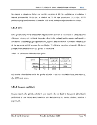 Analiza e transportit publik në Komunën e Prishtinës 2016
BSc. Ermal B. Sylejmani Prof. Dr. Sc. Shaban BUZA Faqe 74
Nga tabela e mësipërme lidhur me moshën, rezulton së 45.1% e udhëtarëve të anketuar i
takojnë grupmoshës 25..65 vjet, e ndjekur me 39.6% nga grupmosha 15..24 vjet, 12.1%
përfaqësojnë grupmoshen mbi 65 vjet dhe 3.2% është përfaqësuar grupmosha nën 15 vjet.
5.2.1.2. Gjinia
Edhe gjinia luan një rol të rëndësishëm në përcaktimin e nivelit të kënaqësisë së udhëtarëve më
shërbimin e transportit publik në Komunën e Prishtinës, e cila gjithashtu vendos preferencën e
udhëtarëve varësisht nga gjinia për komforin, sigurinë dhe informimin. Hulumtimi është bazuar
në dy segmente, atë të femrave dhe meshkujve. Në tabelën 5.5, është paraqitur frekuenca
varësisht nga gjinia e të anketuarit.
Tabela 5.5. Frekuenca e udhëtarëve sipas gjinisë
Gjinia Frekuenca
Frekuenca
relative %
Frekuenca
kumulative %
Meshkuj 431 57.5 57.5
Femër 319 42.5 100.0
Total 750 100.0
Nga tabela e mësipërme lidhur me gjininë rezulton së 57.5% e të anketuarave janë meshkuj,
dhe 42.5% janë femra.
5.2.1.3. Kategoria e udhëtarit
Përveç moshës dhe gjinisë, udhëtarët janë ndarë edhe në bazë të kategorisë përkatësisht
profesionit të tyre. Ndarja është realizuar në 8 kategori si p.sh. nxënës, student, punëtor, i
papunë, etj.
 
