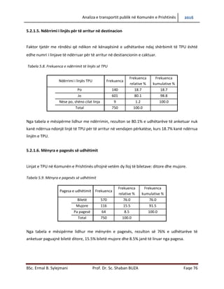 Analiza e transportit publik në Komunën e Prishtinës 2016
BSc. Ermal B. Sylejmani Prof. Dr. Sc. Shaban BUZA Faqe 76
5.2.1.5. Ndërrimi i linjës për të arritur në destinacion
Faktor tjetër me rëndësi që ndikon në kënaqësinë e udhëtarëve ndaj shërbimit të TPU është
edhe numri i linjave të ndërruar për të arritur në destinacionin e caktuar.
Tabela 5.8. Frekuenca e ndërrimit të linjës së TPU
Nga tabela e mësipërme lidhur me ndërrimin, rezulton se 80.1% e udhëtarëve të anketuar nuk
kanë ndërruar ndonjë linjë të TPU për të arritur në vendajen përkatëse, kurse 18.7% kanë
ndërruar linjën e TPU.
5.2.1.6. Mënyra e pagesës së udhëtimit
Linjat e TPU në Komunën e Prishtinës ofrojnë vetëm dy lloj të biletave: ditore dhe mujore.
Tabela 5.9. Mënyra e pagesës së udhëtimit
Pagesa e udhëtimit Frekuenca
Frekuenca
relative %
Frekuenca
kumulative %
Biletë 570 76.0 76.0
Mujore 116 15.5 91.5
Pa pagesë 64 8.5 100.0
Total 750 100.0
Nga tabela e mësipërme lidhur me mënyrën e pagesës, rezulton së 76% e udhëtarëve të
anketuar paguajnë biletë ditore, 15.5% biletë mujore dhe 8.5% janë të liruar nga pagesa.
Ndërrimi i linjës TPU Frekuenca
Frekuenca
relative %
Frekuenca
kumulative %
Po 140 18.7 18.7
Jo 601 80.1 98.8
Nëse po, shëno cilat linja 9 1.2 100.0
Total 750 100.0
 