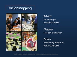 Visionmapping
Aktører
Personale på
hovedbiblioteket
Metoder
Fotokommunikation
Emner
Visioner og ønsker for
Multimediehuset
Rolf Hapel Borgerservice og Biblioteker Aarhus Kommune
 