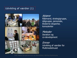 Udvikling af værdier (1)
Aktører
Rådmand, strategigruppe,
idégruppe, personale,
Eksterne eksperter,
konsulenter
Metoder
Iteration og
co-development
Emner
Udvikling af værdier for
Multimediehuset
Rolf Hapel Borgerservice og Biblioteker Aarhus Kommune
 