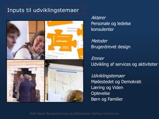 Inputs til udviklingstemaer
Aktører
Personale og ledelse
konsulenter
Metoder
Brugerdrevet design
Emner
Udvikling af services og aktiviteter
Udviklingstemaer
Mødestedet og Demokrati
Læring og Viden
Oplevelse
Børn og Familier
Rolf Hapel Borgerservice og Biblioteker Aarhus Kommune
 