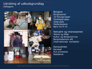 Udvikling af udbudsgrundlag
Deltagere
Borgere
Borgerpanel
10 fokusgrupper
Strategigruppe,
Idégruppe
Medarbejdere
Børn fra 9-14
Netværk og interessenter
Teknik og Miljø
Kultur og Borgerservice
Borgmesterens afd
Internationale kontakter
Konsulenter
Rambøll
PLH arkitekter
Realdania
Rolf Hapel Borgerservice og Biblioteker Aarhus Kommune
 