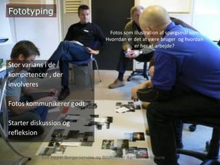 Fotos som illustration af spørgsmål som
Hvorrdan er det at være bruger og hvordan
er her at arbejde?
Stor varians i de
kompetencer , der
involveres
Fotos kommunikerer godt
Starter diskussion og
refleksion
Fototyping
Rolf Hapel Borgerservice og Biblioteker Aarhus Kommune
 