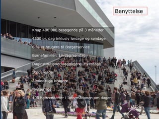 Knap 400.000 besøgende på 3 måneder
4500 pr. dag inklusiv lørdage og søndage
6 % er brugere til Borgerservice
Børnefamilier: Lørdag/søndag
Daginstitutioner/dagplejere: Hverdage
Studerende
Almindelige brugere
Nysgerrige
400 henvendelser i Informationen om dagen
Benyttelse
Rolf Hapel Borgerservice og Biblioteker Aarhus Kommune
 