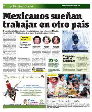 08                                                                                                                                      www.publimetro.com.mx
                                              noticias                                                                                   VIERNES 24 DE JUNIO DE 2011




Mexicanos sueñan
trabajar en otro país
  A seis de cada 10 empleados les gustaría laborar en el extranjero Los jóve-
                                                                                                                                                                                                      CLIPART




nes, de entre 18 y 29 años, muestran mayor deseo de traspasar fronteras
La falta de oportunidades en
el país ha orillado a que 57%
de los trabajadores en México
                                         Pregunta
deseen ir más allá de las fron-          del día:
teras para mejorar su carrera
laboral.
    De acuerdo a un reporte            ¿Cuál sería
de la compañía GfK Custom              tu empleo ideal
Research, nuestro país es el
más afectado a escala mun-
                                       y en qué parte               Andrés Soto,               Alfredo              Angélica
dial por este fenómeno de              del mundo?                    30 AÑOS, EMPLEADO.        Cerrillo,            González,
fuga de trabajadores. Le                                            – Mi trabajo actual, 31 AÑOS, PROGRAMADOR.   24 AÑOS, DISEÑADORA.
siguen Colombia y Turquía.                                          pero menos tiempo.      – Sería indepen-         – Decorando
En último lugar se ubicó Bél-                                        Ahora los empleos diente, en casa y de-      interiores muy gla-      Casi seis de cada 10 trabajadores desean salir del país.
gica.                                                               requieren que estés sarrollando progra-       murosos, me iría a
    La investigación, que se                                        todo el día. Me gus-    mas de software,     Nueva York, porque
llevó a cabo en 29 naciones,
                                                                                                                                           Y en mayo,
                                                                     taría que fuera en    pero me quedaría      ahí están los diseña-
muestra que los que más                                                    España.          aquí en México.      dores más creativos.                                    quinto mes de 2010,
sienten ganas de salir de su                                                                                                                                             cuando la tasa fue de
país son los empleados jóve-      directora regional de GFK.        ción también mostró una                                                subió el                      5.13%, informó el INEGI.
nes, de entre 18 y 29 años, ya
que 41% de ellos ve con bue-
nos ojos la posibilidad de
emplearse en el exterior.
    “Los resultados indican un
                                     Esta situación afectaría a
                                  las naciones que aún inten-
                                  tan recuperarse de la rece-
                                  sión económica mundial, ya
                                  que podrían convertirse en
                                                                    posible fuga de empleados
                                                                    para las empresas ya que uno
                                                                    de cada tres trabajadores ya
                                                                    se encuentra buscado otro
                                                                    empleo aunque sea en su país
                                                                                                        27%
                                                                                                        de la fuerza laboral
                                                                                                        total encuestada en
                                                                                                                                           desempleo
                                                                                                                                           Durante mayo de 2011,
                                                                                                                                                                            Con datos desestacio-
                                                                                                                                                                         nalizados, la tasa de
                                                                                                                                                                         desocupación (TD) a
                                                                                                                                                                         nivel nacional fue de
                                                                                                                                                                         5.54%, respecto a la PEA,
riesgo de fuga de cerebros en     “pueblos fantasma” en tér-        de origen y uno de cada cinco       todas las naciones                 la tasa de desempleo en       lo cual fue también su-
el próximo año, lo que podría     minos laborales, dado que,                                            respondió que está                 el país aumentó a 5.20%       perior en 0.32 puntos
representar problemas signi-      en general, más de la cuarta                                          dispuesta a emigrar a              de la Población               porcentuales, en rela-
                                                                           ENRIQUE MARTÍNEZ
ficativos para empresas y paí-    parte de sus trabajadores                enrique.martinez@            otro país para tratar              Económicamente Activa         ción con abril pasado.
ses que buscan recuperarse”,      busca salir al extranjero.               publimetro.com.mx            de encontrar un mejor              (PEA), en relación con el        AGENCIAS
comentó Walkiria Calva,              Por otro lado, la investiga-       PUBLIMETRO-MONTERREY            empleo.


                                                                                                      DF. Tradiciones




                                                                                                        Se realiza 60 días después del Domingo de Ramos.

                                                                                                                                                                                                CUARTOSCURO




                                                                                                     Celebran el día de las mulitas
                                                                                                     Cientos de niños disfrazados con el típico traje del día de las mulitas acudieron a las
                                                                                                     iglesias de la capital para celebrar el Jueves de Corpus. Este día se festeja una de las
                                                                                                     celebraciones más importantes para los católicos, Jueves del cuerpo de Cristo o Cor-
                                                                                                     pus Christi. PUBLIMETRO
   24084
 