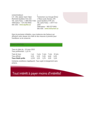 consommateurs                        :
  C.P. 190, station Jean-Talon         TransUnion (Le Groupe Écho)
  Montréal (Québec) H1S 2Z2            1 Place Laval, Bureau 370
  Tél. (sans frais) : 1-800-465-7166   Laval (Québec) H7N 1A1
  Télécopieur : 514-355-8502           Tél. (sans frais) : 1-877-713-
  Site web : www.equifax.ca            3393
                                       Télécopieur : 905-527-0401
                                       Site web : www.transunion.ca


  Dans la prochaine infolettre, nous traiterons des facteurs qui
  affectent votre dossier de crédit et des mesures à prendre pour
  l'améliorer ou la conserver.


Infotaux Multi-Prêts


  Taux en date du : 19 mars 2010
  Taux préférentiel : 2,25 %
  Type de taux               1 an      3 ans   5 ans   7 ans   10 ans
  Taux affiché               4,35      4,35    5,50    6,60    6,95
  Taux Multi-prêts           2,333     3,25    3,79    4,95    5,20
  Certaines conditions s'appliquent. Taux sujet à changement sans
  préavis.
 