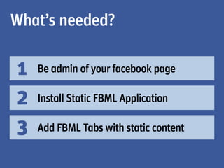 What’s needed?

   Be admin of your facebook page

   Install Static FBML Application

   Add FBML Tabs with static content
 
