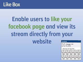 Like Box

    Enable users to like your
  facebook page and view its
   stream directly from your
            website
 