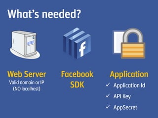 What’s needed?




Web Server           Facebook    Application
Valid domain or IP
  (NO localhost)
                       SDK       Application Id
                                 API Key
                                 AppSecret
 