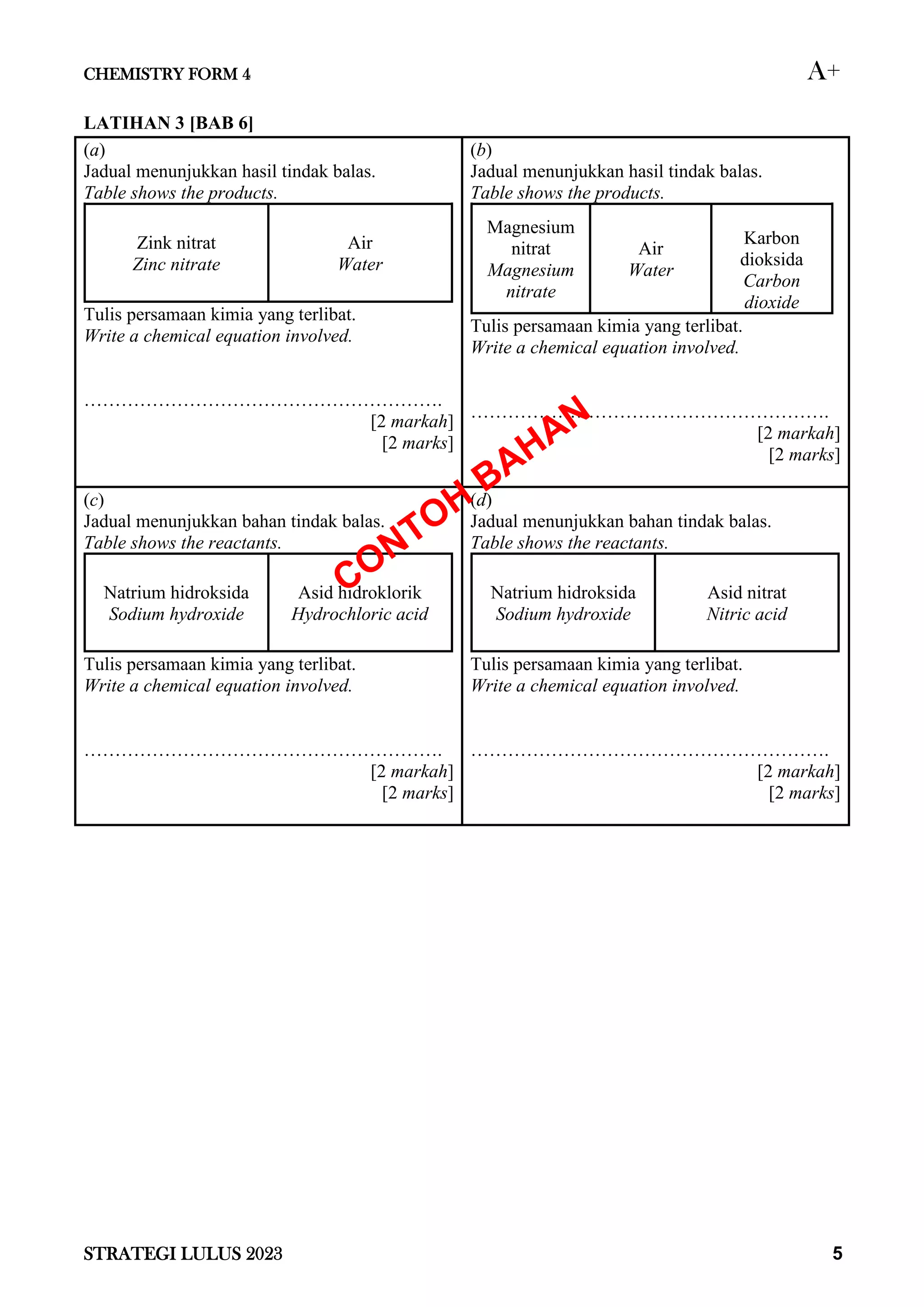 CHEMISTRY FORM 4 A+
STRATEGI LULUS 2023 5
LATIHAN 3 [BAB 6]
(a)
Jadual menunjukkan hasil tindak balas.
Table shows the products.
Zink nitrat
Zinc nitrate
Air
Water
Tulis persamaan kimia yang terlibat.
Write a chemical equation involved.
………………………………………………….
[2 markah]
[2 marks]
(b)
Jadual menunjukkan hasil tindak balas.
Table shows the products.
Magnesium
nitrat
Magnesium
nitrate
Air
Water
Karbon
dioksida
Carbon
dioxide
Tulis persamaan kimia yang terlibat.
Write a chemical equation involved.
………………………………………………….
[2 markah]
[2 marks]
(c)
Jadual menunjukkan bahan tindak balas.
Table shows the reactants.
Natrium hidroksida
Sodium hydroxide
Asid hidroklorik
Hydrochloric acid
Tulis persamaan kimia yang terlibat.
Write a chemical equation involved.
………………………………………………….
[2 markah]
[2 marks]
(d)
Jadual menunjukkan bahan tindak balas.
Table shows the reactants.
Natrium hidroksida
Sodium hydroxide
Asid nitrat
Nitric acid
Tulis persamaan kimia yang terlibat.
Write a chemical equation involved.
………………………………………………….
[2 markah]
[2 marks]
 