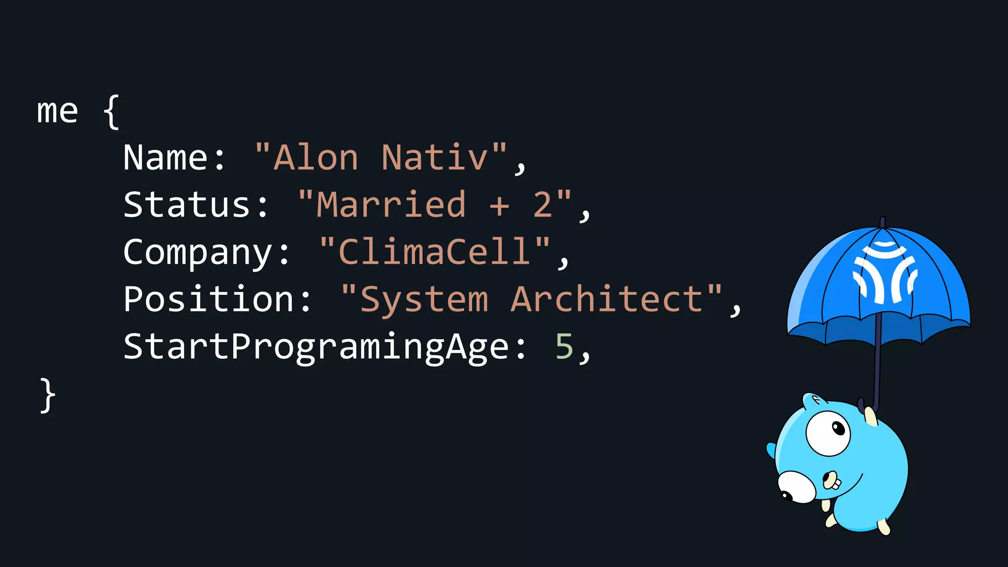 me {
Name: "Alon Nativ",
Status: "Married + 2",
Company: "ClimaCell",
Position: "System Architect",
StartProgramingAge: 5,
}
 