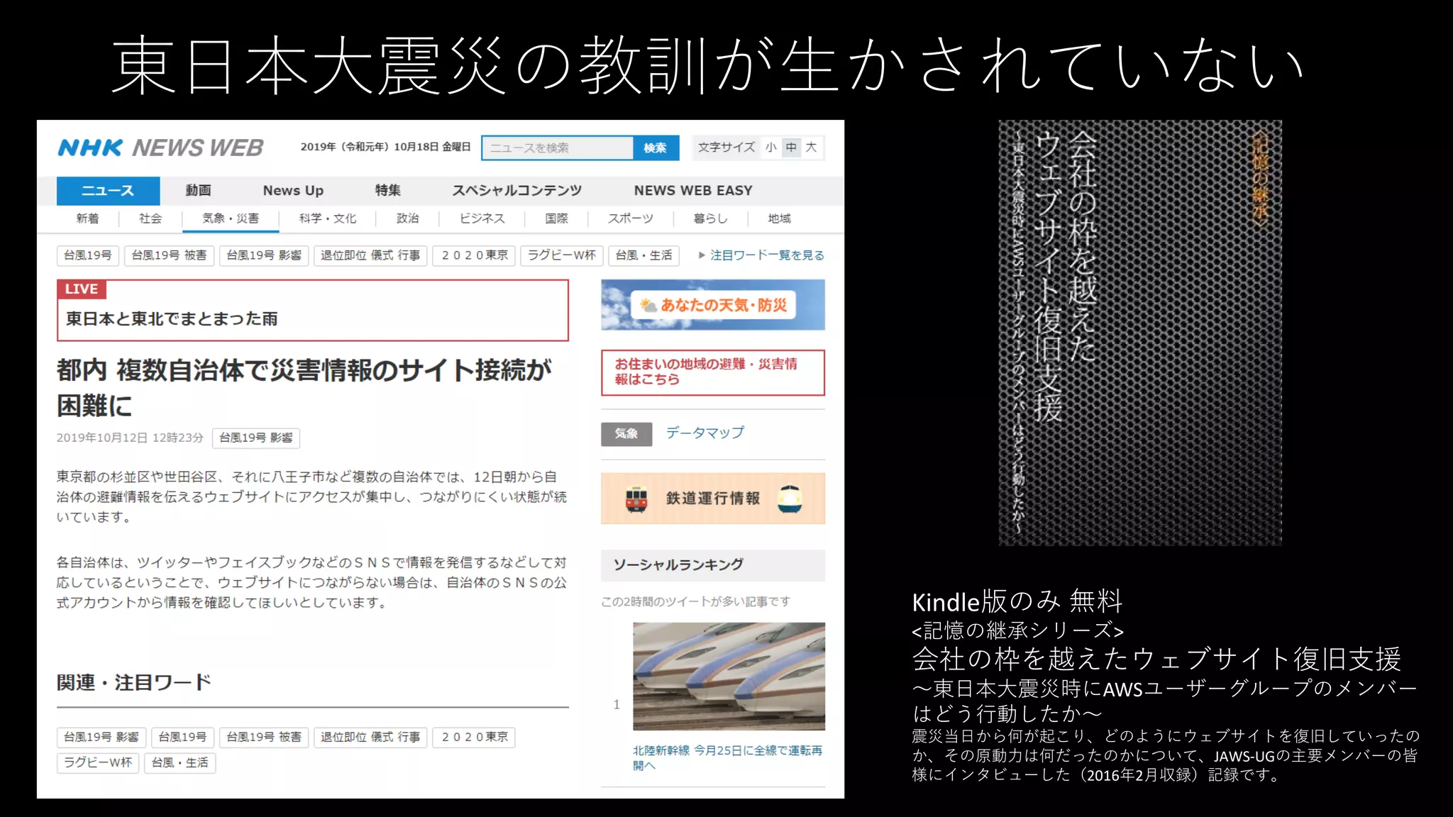 東日本大震災の教訓が生かされていない
Kindle版のみ 無料
<記憶の継承シリーズ>
会社の枠を越えたウェブサイト復旧支援
～東日本大震災時にAWSユーザーグループのメンバー
はどう行動したか～
震災当日から何が起こり、どのようにウェブサイトを復旧していったの
か、その原動力は何だったのかについて、JAWS-UGの主要メンバーの皆
様にインタビューした（2016年2月収録）記録です。
 