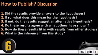 Did the results provide answers to the hypotheses?
If so, what does this mean for the hypothesis?
If not, do the results suggest an alternative hypothesis?
Do these results agree with what others have shown?
How do these results fit in with results from other studies?
What is the inference from this study?
 