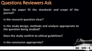 Does the paper fit the standards and scope of the
journal?
Is the research question clear?
Is the study design, methods and analysis appropriate to
the question being studied?
Does the study confirm to ethical guidelines?
Is the conclusion appropriate?
 