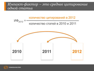 Импакт-фактор – это среднее цитирование 
одной статьи 
ИФ2012 = 
количество цитирований в 2012 
количество статей в 2010 и 2011 
2010 2011 2012 
 