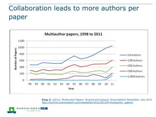 Collaboration leads to more authors per
paper

King, C. (2012). Multiauthor Papers: Onward and Upward. ScienceWatch Newsletter, July 2012.
http://archive.sciencewatch.com/newsletter/2012/201207/multiauthor_papers/

 