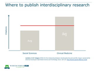 Citations

Where to publish interdisciplinary research

Avg

Social Sciences

Clinical Medicine

Larivière, V. & Y. Gingras (2010). On the relationship between interdisciplinarity and scientific impact. Journal of the
American Society for Information Science and Technology, 61(1): 126-131 http://dx.doi.org/10.1002/asi.21226

 