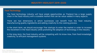 HTTP://TECHSAUCE.CO
COPYRIGHT 2019 TECHSAUCE CO.,LTD
INDUSTRY HIGHLIGHT 2019-2020
Food Technology
• The food technology industry will have ample opportunities as Thailand has a large supply
chain in the food industry with a sizeable market that can be value-added in many aspects.
• There are two dimensions in which businesses can benefit from the food industry:
manufacturing quality ingredients and adding creativity to the cooking process.
• In the short-term, we should encourage Thai startups to enter the market in order to increase
the movement in the food industry while promoting the adoption of technology in the industry
• In the long-term, the food industry will be competing with its know-how, from food knowledge,
creativity, to efficient management systems.
 