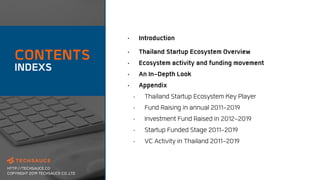 HTTP://TECHSAUCE.CO
COPYRIGHT 2019 TECHSAUCE CO.,LTD
• Introduction
• Thailand Startup Ecosystem Overview
• Ecosystem acti...