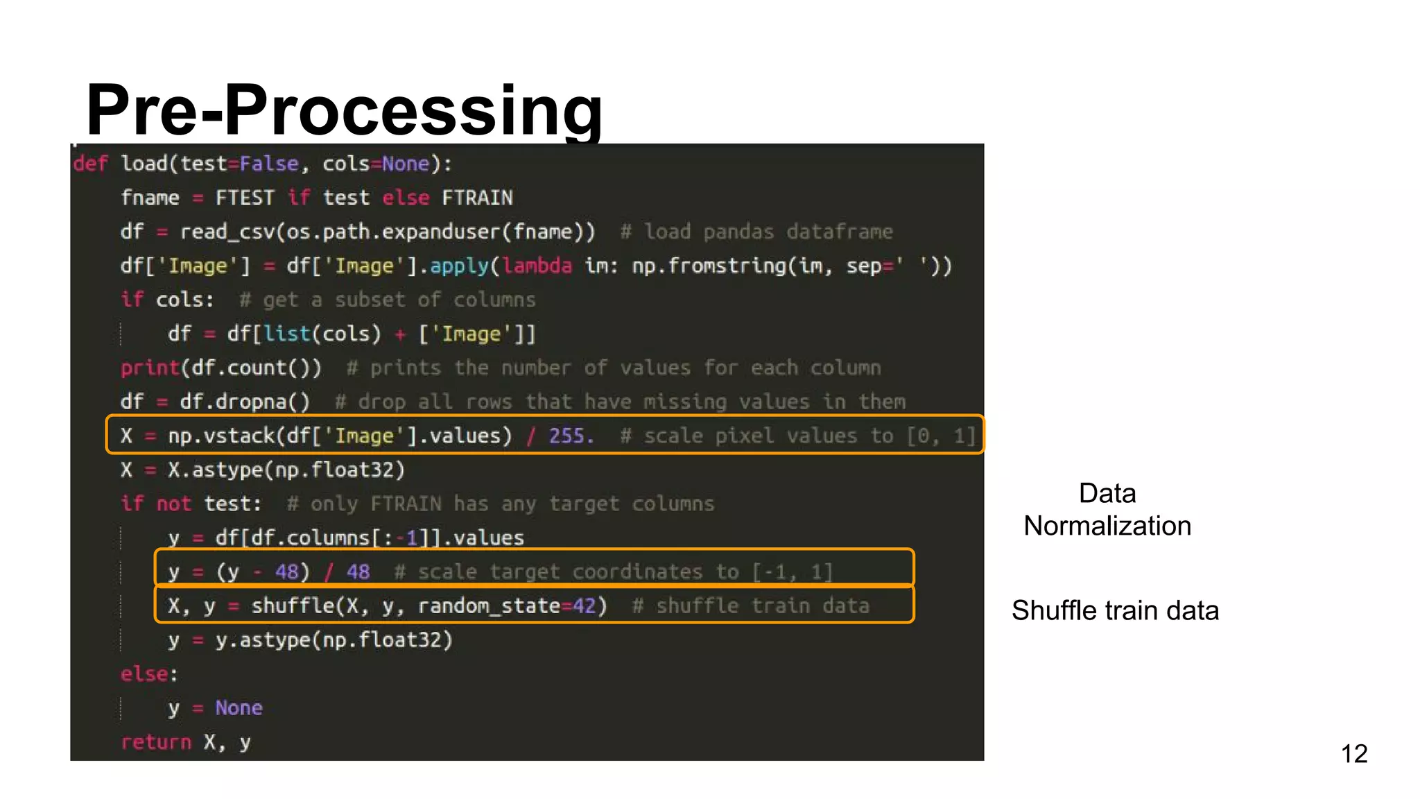 Pre-Processing
12
Data
Normalization
Shuffle train data
 