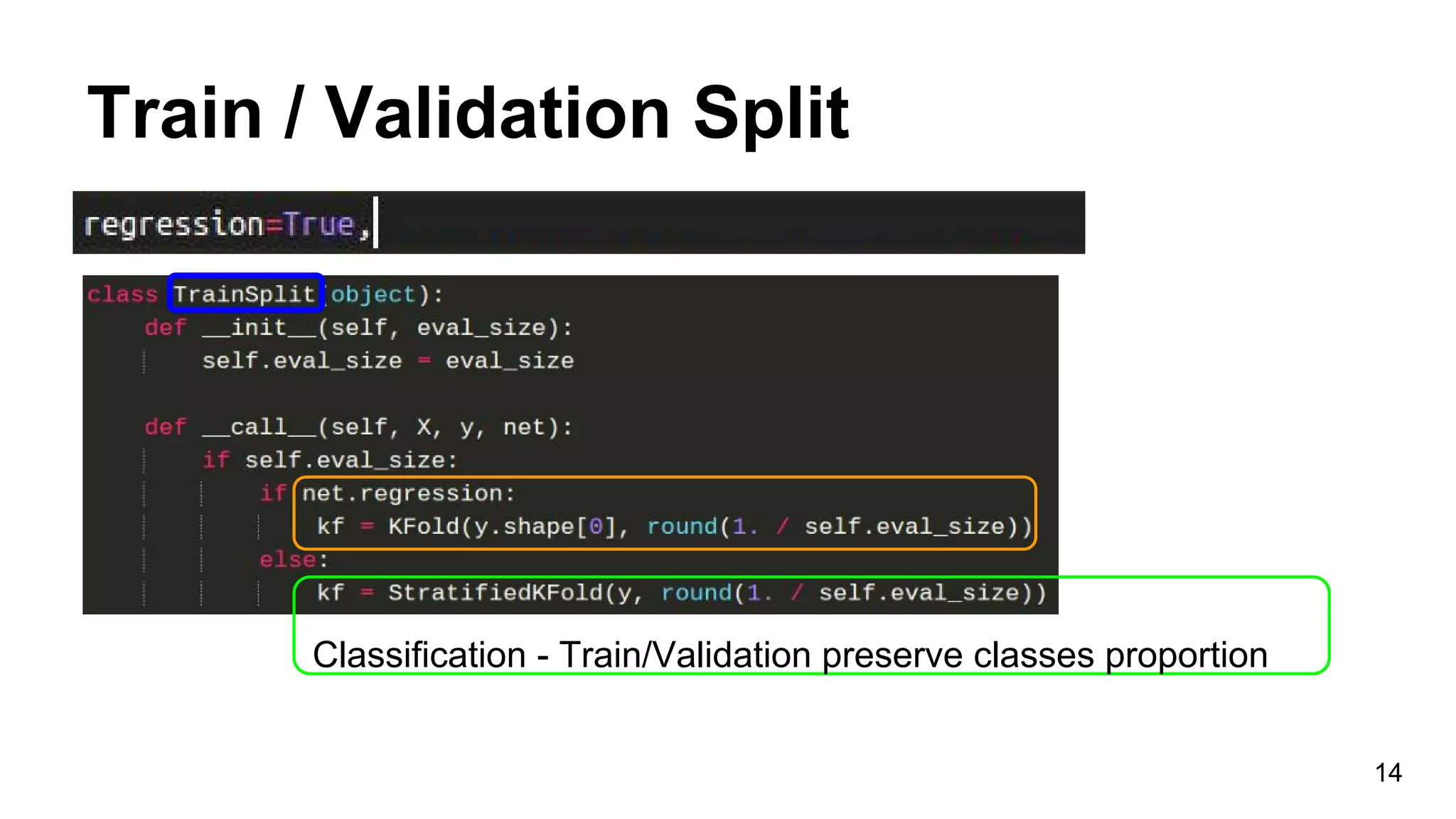 Train / Validation Split
14
Classification - Train/Validation preserve classes proportion
 