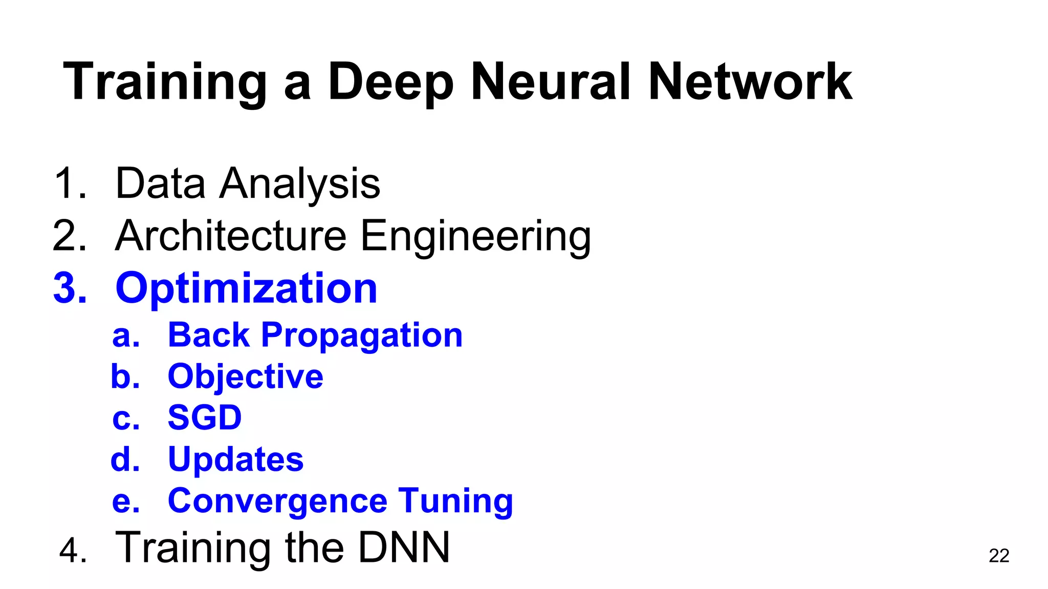 Training a Deep Neural Network
1. Data Analysis
2. Architecture Engineering
3. Optimization
a. Back Propagation
b. Objective
c. SGD
d. Updates
e. Convergence Tuning
4. Training the DNN 22
 
