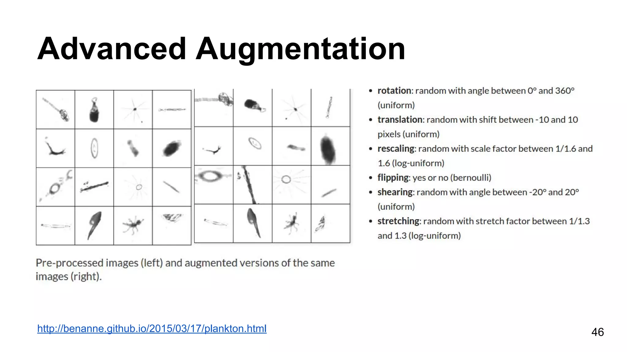 Advanced Augmentation
http://benanne.github.io/2015/03/17/plankton.html 46
 