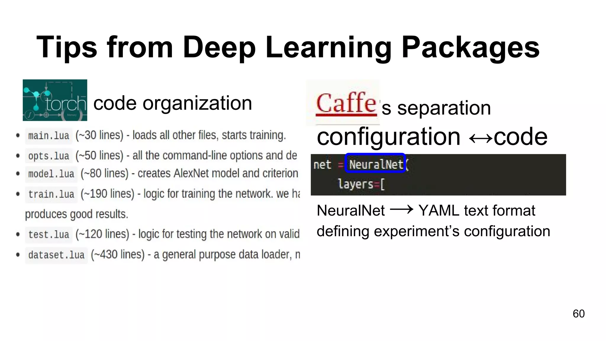 Tips from Deep Learning Packages
Torch code organization Caffe’s separation
configuration ↔code
NeuralNet → YAML text format
defining experiment’s configuration
60
 