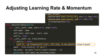 Adjusting Learning Rate & Momentum
30
Linear in epoch
 