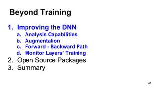 Beyond Training
1. Improving the DNN
a. Analysis Capabilities
b. Augmentation
c. Forward - Backward Path
d. Monitor Layers’ Training
2. Open Source Packages
3. Summary
41
 