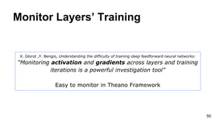 Monitor Layers’ Training
50
X. Glorot ,Y. Bengio, Understanding the difficulty of training deep feedforward neural networks:
“Monitoring activation and gradients across layers and training
iterations is a powerful investigation tool”
Easy to monitor in Theano Framework
 
