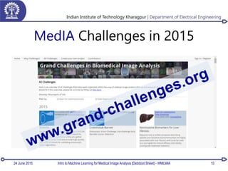 MedIA Challenges in 2015
24 June 2015 Intro to Machine Learning for Medical Image Analysis [Debdoot Sheet] - WMLMIA 10
 