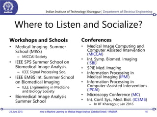 Where to Listen and Socialize?
Workshops and Schools
• Medical Imaging Summer
School (MISS)
– MICCAI Society
• IEEE SPS Summer School on
Biomedical Image Analysis
– IEEE Signal Processing Soc.
• IEEE EMBS Int. Summer School
on Biomedical Imaging
– IEEE Engineering in Medicine
and Biology Society
• Biomedical Image Analysis
Summer School
Conferences
• Medical Image Computing and
Computer Assisted Intervention
(MICCAI)
• Int. Symp. Biomed. Imaging
(ISBI)
• SPIE Med. Imaging
• Information Processing in
Medical Imaging (IPMI)
• Information Processing in
Computer-Assisted Interventions
(IPCAI)
• Microscopy Conference (MC)
• Int. Conf. Sys., Med. Biol. (ICSMB)
– In IIT Kharagpur, Jan 2016
24 June 2015 Intro to Machine Learning for Medical Image Analysis [Debdoot Sheet] - WMLMIA 16
 