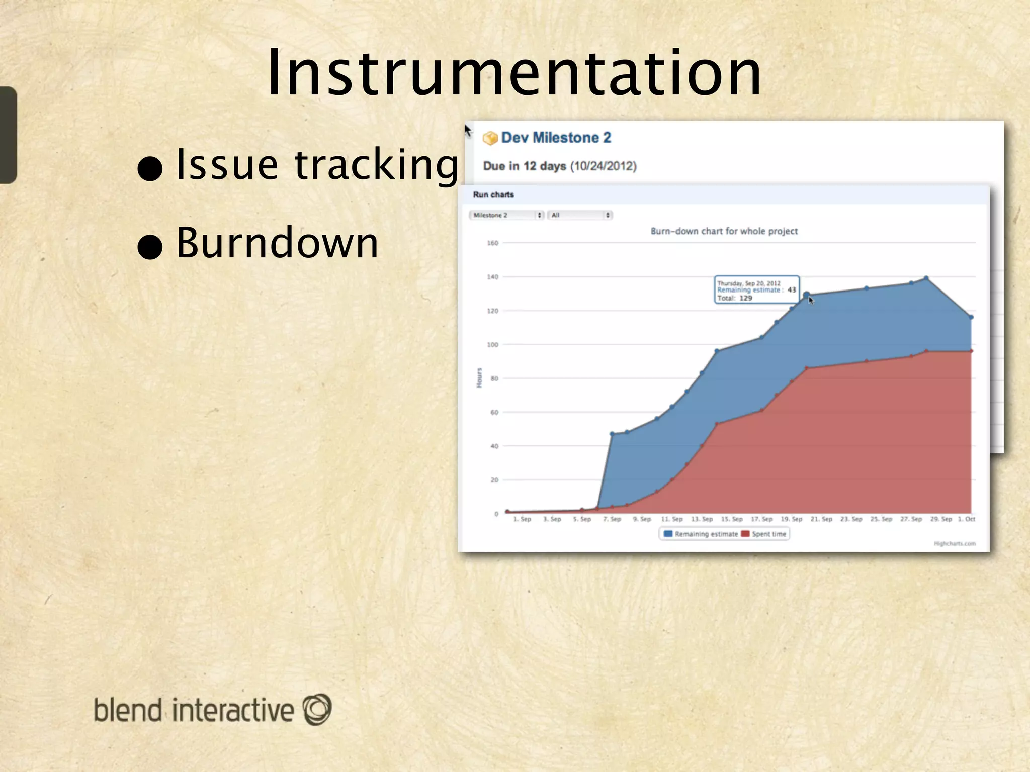 Instrumentation
• Issue tracking
• Burndown
 