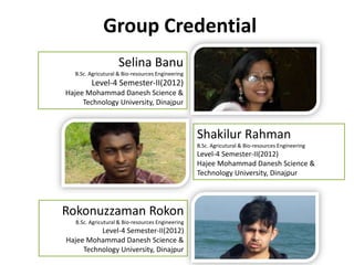 Shakilur Rahman
B.Sc. Agricutural & Bio-resources Engineering
Level-4 Semester-II(2012)
Hajee Mohammad Danesh Science &
Technology University, Dinajpur
Group Credential
Selina Banu
B.Sc. Agricutural & Bio-resources Engineering
Level-4 Semester-II(2012)
Hajee Mohammad Danesh Science &
Technology University, Dinajpur
Rokonuzzaman Rokon
B.Sc. Agricutural & Bio-resources Engineering
Level-4 Semester-II(2012)
Hajee Mohammad Danesh Science &
Technology University, Dinajpur
 