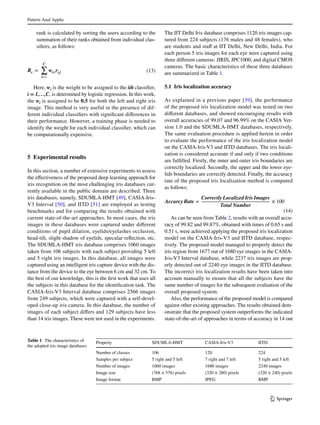 Pattern Anal Applic	
1 3
rank is calculated by sorting the users according to the
summation of their ranks obtained from individual clas-
sifiers, as follows:
Here, wi is the weight to be assigned to the ith classifier,
i = 1,…,C, is determined by logistic regression. In this work,
the wi is assigned to be 0.5 for both the left and right iris
image. This method is very useful in the presence of dif-
ferent individual classifiers with significant differences in
their performance. However, a training phase is needed to
identify the weight for each individual classifier, which can
be computationally expensive.
5 Experimental results
In this section, a number of extensive experiments to assess
the effectiveness of the proposed deep learning approach for
iris recognition on the most challenging iris databases cur-
rently available in the public domain are described. Three
iris databases, namely, SDUMLA-HMT [49], CASIA-Iris-
V3 Interval [50], and IITD [51] are employed as testing
benchmarks and for comparing the results obtained with
current state-of-the-art approaches. In most cases, the iris
images in these databases were captured under different
conditions of pupil dilation, eyelids/eyelashes occlusion,
head-tilt, slight shadow of eyelids, specular reflection, etc.
The SDUMLA-HMT iris database comprises 1060 images
taken from 106 subjects with each subject providing 5 left
and 5 right iris images. In this database, all images were
captured using an intelligent iris capture device with the dis-
tance from the device to the eye between 6 cm and 32 cm. To
the best of our knowledge, this is the first work that uses all
the subjects in this database for the identification task. The
CASIA-Iris-V3 Interval database comprises 2566 images
from 249 subjects, which were captured with a self-devel-
oped close-up iris camera. In this database, the number of
images of each subject differs and 129 subjects have less
than 14 iris images. These were not used in the experiments.
(13)Rc =
C
∑
i=1
wi∗ri,j
The IIT Delhi Iris database comprises 1120 iris images cap-
tured from 224 subjects (176 males and 48 females), who
are students and staff at IIT Delhi, New Delhi, India. For
each person 5 iris images for each eye were captured using
three different cameras: JIRIS, JPC1000, and digital CMOS
cameras. The basic characteristics of these three databases
are summarized in Table 1.
5.1 Iris localization accuracy
As explained in a previous paper [39], the performance
of the proposed iris localization model was tested on two
different databases, and showed encouraging results with
overall accuracies of 99.07 and 96.99% on the CASIA Ver-
sion 1.0 and the SDUMLA-HMT databases, respectively.
The same evaluation procedure is applied herein in order
to evaluate the performance of the iris localization model
on the CASIA-Iris-V3 and IITD databases. The iris locali-
zation is considered accurate if and only if two conditions
are fulfilled. Firstly, the inner and outer iris boundaries are
correctly localized. Secondly, the upper and the lower eye-
lids boundaries are correctly detected. Finally, the accuracy
rate of the proposed iris localization method is computed
as follows:
As can be seen from Table 2, results with an overall accu-
racy of 99.82 and 99.87%, obtained with times of 0.65 s and
0.51 s, were achieved applying the proposed iris localization
model on the CASIA-Iris-V3 and IITD database, respec-
tively. The proposed model managed to properly detect the
iris region from 1677 out of 1680 eye images in the CASIA-
Iris-V3 Interval database, while 2237 iris images are prop-
erly detected out of 2240 eye images in the IITD database.
The incorrect iris localization results have been taken into
account manually to ensure that all the subjects have the
same number of images for the subsequent evaluation of the
overall proposed system.
Also, the performance of the proposed model is compared
against other existing approaches. The results obtained dem-
onstrate that the proposed system outperforms the indicated
state-of-the-art of approaches in terms of accuracy in 14 out
(14)
Accurcy Rate =
Correctly Localized Iris Images
Total Number
× 100
Table 1  The characteristics of
the adopted iris image databases
Property SDUMLA-HMT CASIA-Iris-V3 IITD
Number of classes 106 120 224
Samples per subject 5 right and 5 left 7 right and 7 left 5 right and 5 left
Number of images 1060 images 1680 images 2240 images
Image size (768 × 576) pixels (320 × 280) pixels (320 × 240) pixels
Image format BMP JPEG BMP
 