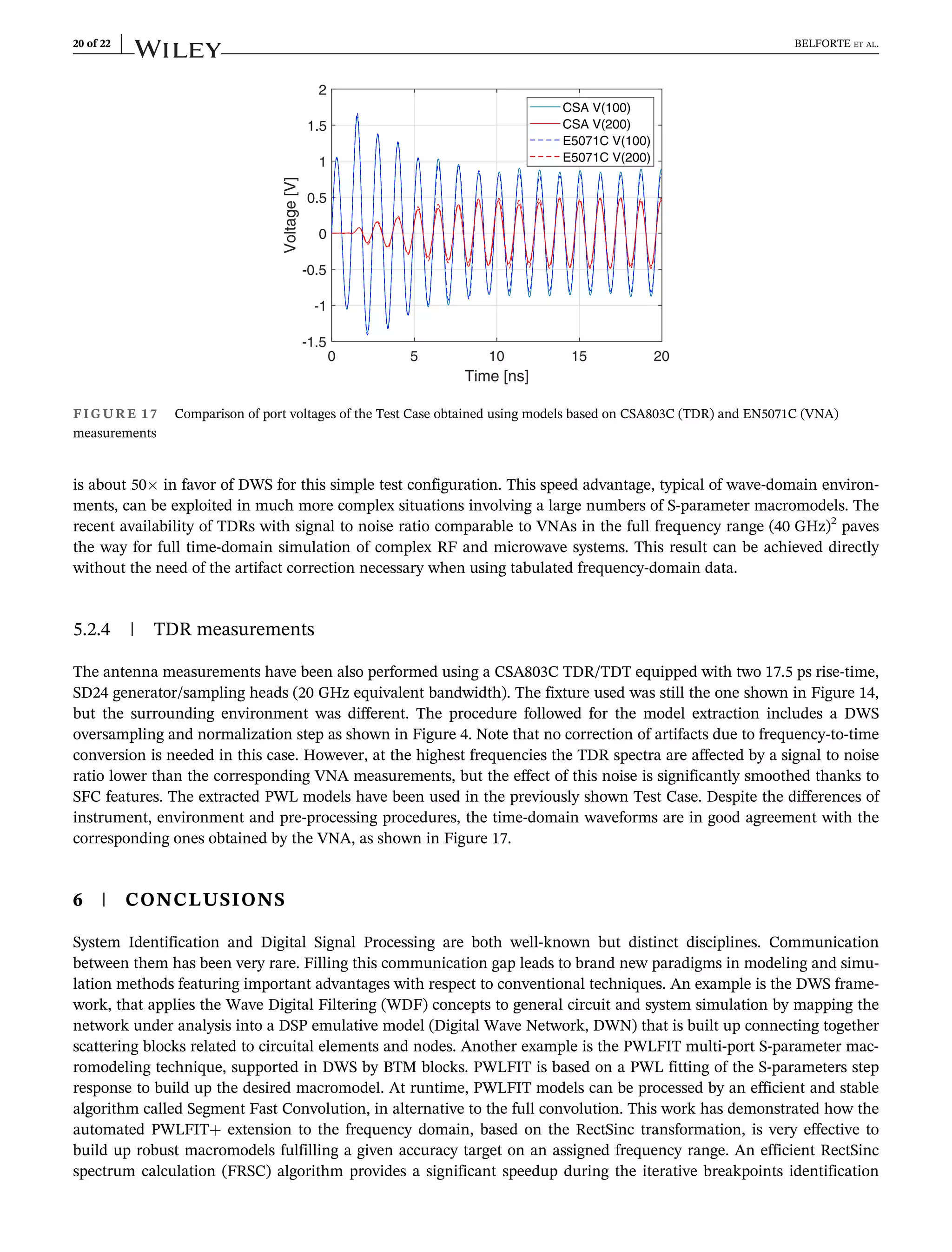 is about 50 in favor of DWS for this simple test configuration. This speed advantage, typical of wave-domain environ-
ments, can be exploited in much more complex situations involving a large numbers of S-parameter macromodels. The
recent availability of TDRs with signal to noise ratio comparable to VNAs in the full frequency range (40 GHz)2
paves
the way for full time-domain simulation of complex RF and microwave systems. This result can be achieved directly
without the need of the artifact correction necessary when using tabulated frequency-domain data.
5.2.4 | TDR measurements
The antenna measurements have been also performed using a CSA803C TDR/TDT equipped with two 17.5 ps rise-time,
SD24 generator/sampling heads (20 GHz equivalent bandwidth). The fixture used was still the one shown in Figure 14,
but the surrounding environment was different. The procedure followed for the model extraction includes a DWS
oversampling and normalization step as shown in Figure 4. Note that no correction of artifacts due to frequency-to-time
conversion is needed in this case. However, at the highest frequencies the TDR spectra are affected by a signal to noise
ratio lower than the corresponding VNA measurements, but the effect of this noise is significantly smoothed thanks to
SFC features. The extracted PWL models have been used in the previously shown Test Case. Despite the differences of
instrument, environment and pre-processing procedures, the time-domain waveforms are in good agreement with the
corresponding ones obtained by the VNA, as shown in Figure 17.
6 | CONCLUSIONS
System Identification and Digital Signal Processing are both well-known but distinct disciplines. Communication
between them has been very rare. Filling this communication gap leads to brand new paradigms in modeling and simu-
lation methods featuring important advantages with respect to conventional techniques. An example is the DWS frame-
work, that applies the Wave Digital Filtering (WDF) concepts to general circuit and system simulation by mapping the
network under analysis into a DSP emulative model (Digital Wave Network, DWN) that is built up connecting together
scattering blocks related to circuital elements and nodes. Another example is the PWLFIT multi-port S-parameter mac-
romodeling technique, supported in DWS by BTM blocks. PWLFIT is based on a PWL fitting of the S-parameters step
response to build up the desired macromodel. At runtime, PWLFIT models can be processed by an efficient and stable
algorithm called Segment Fast Convolution, in alternative to the full convolution. This work has demonstrated how the
automated PWLFIT+ extension to the frequency domain, based on the RectSinc transformation, is very effective to
build up robust macromodels fulfilling a given accuracy target on an assigned frequency range. An efficient RectSinc
spectrum calculation (FRSC) algorithm provides a significant speedup during the iterative breakpoints identification
0 5 10 15 20
Time [ns]
-1.5
-1
-0.5
0
0.5
1
1.5
2
Voltage
[V]
CSA V(100)
CSA V(200)
E5071C V(100)
E5071C V(200)
FIGURE 17 Comparison of port voltages of the Test Case obtained using models based on CSA803C (TDR) and EN5071C (VNA)
measurements
20 of 22 BELFORTE ET AL.
 