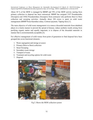 International Conference on Waste Management for Sustainable Development,21-23 March 24, 2014,N.S.S.College of
Engineering(NSSCE),Palakkad,Kerala,India,organized by Dept. of Civil Engg., NSSCE: LaBISHaS,Govt. of Kerala & IEI
13
About 30 % of the MSW is managed by BBMP and 70% of the MSW activity starting from
primary collection to disposal has been outsourced. BBMP has assigned 3197 Pourakarmika
(Sweepers) and 18562 Pourakarmikas (Sweepers) from contractor who performs Door to Door
collection and sweeping activities. Annually about 250 crores is spent on solid waste
management (BBMP Poura Karmikas salary, Contract payment, Tipping fees) [1].
The main objective of solid waste management is to remove discarded materials from inhabited
places in a timely manner to prevent the spread of disease, reduce aesthetic results arising from
purifying organic matter and equally important, is to dispose of the discarded materials in
manner that is environmentally acceptable [3].
For effective management of solid wastes from point of generation to final disposal have been
grouped into seven functional elements:
1. Waste segregation and storage at source
2. Primary (Door to Door) collection
3. Street Sweeping
4. Secondary waste storage
5. Transport of waste
6. Treatment and recycling options for solid waste
7. Disposal.
Fig 2. Shows the MSW collection system
 