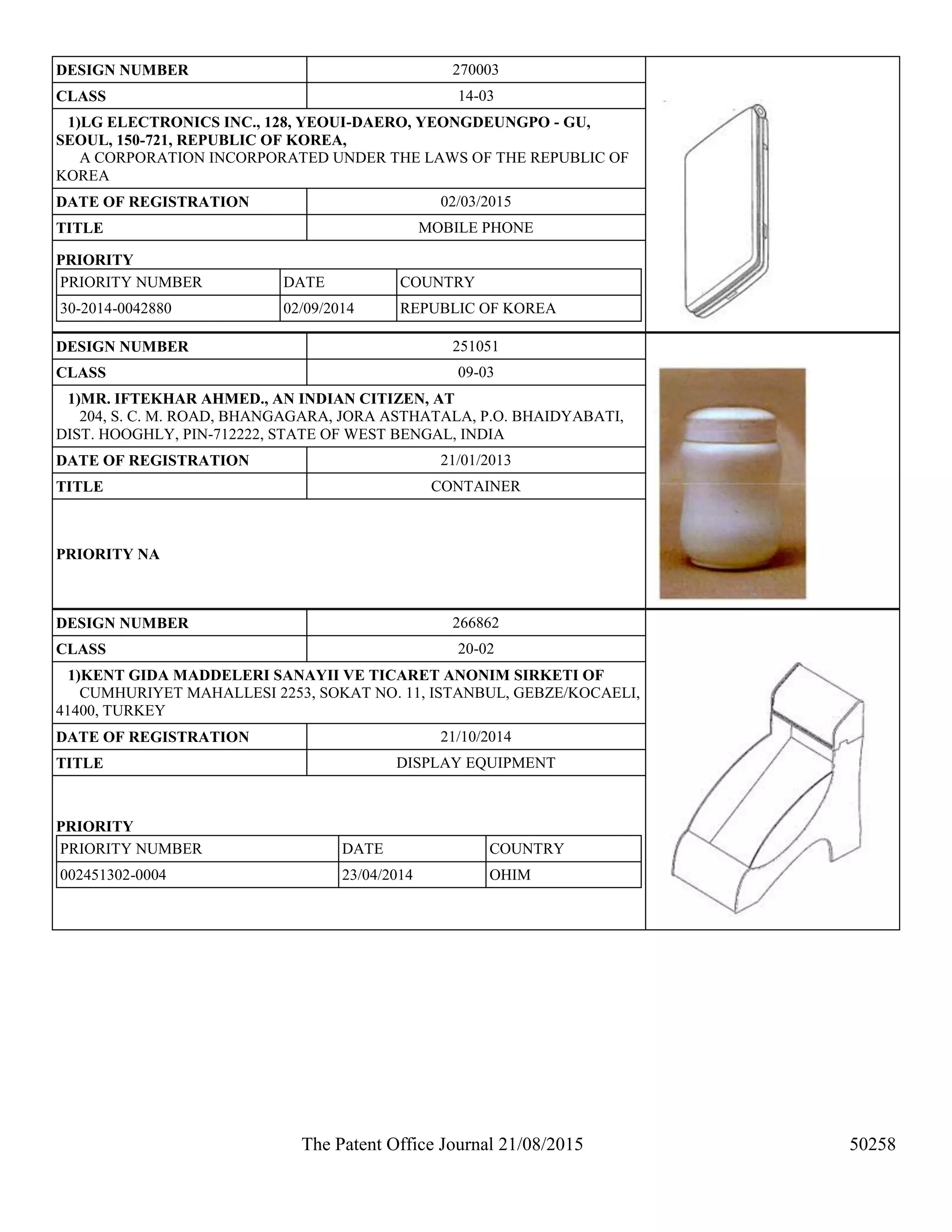 Published patent and design registration information   august 21st, 2015