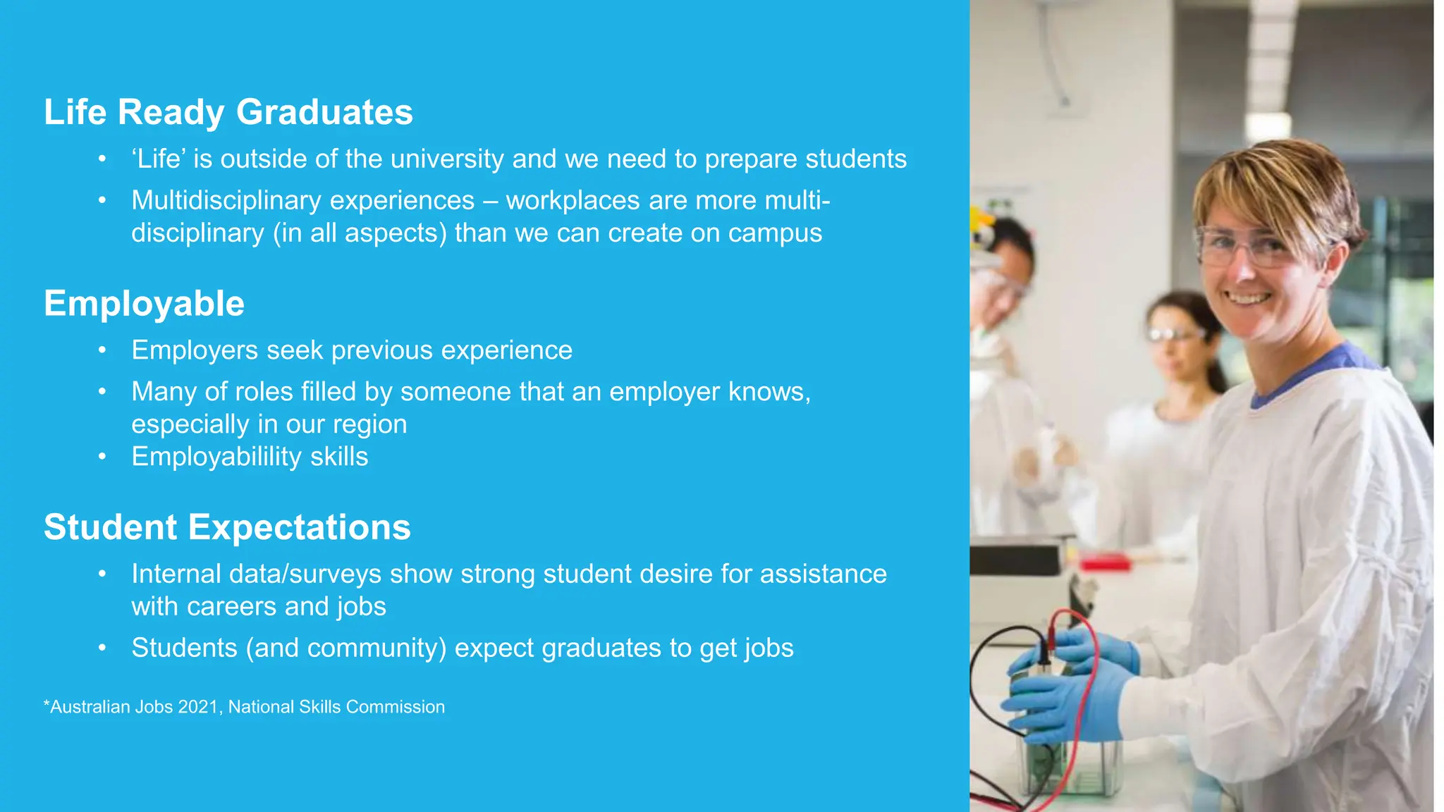 Life Ready Graduates
• ‘Life’ is outside of the university and we need to prepare students
• Multidisciplinary experiences – workplaces are more multi-
disciplinary (in all aspects) than we can create on campus
Employable
• Employers seek previous experience
• Many of roles filled by someone that an employer knows,
especially in our region
• Employabilility skills
Student Expectations
• Internal data/surveys show strong student desire for assistance
with careers and jobs
• Students (and community) expect graduates to get jobs
*Australian Jobs 2021, National Skills Commission
 
