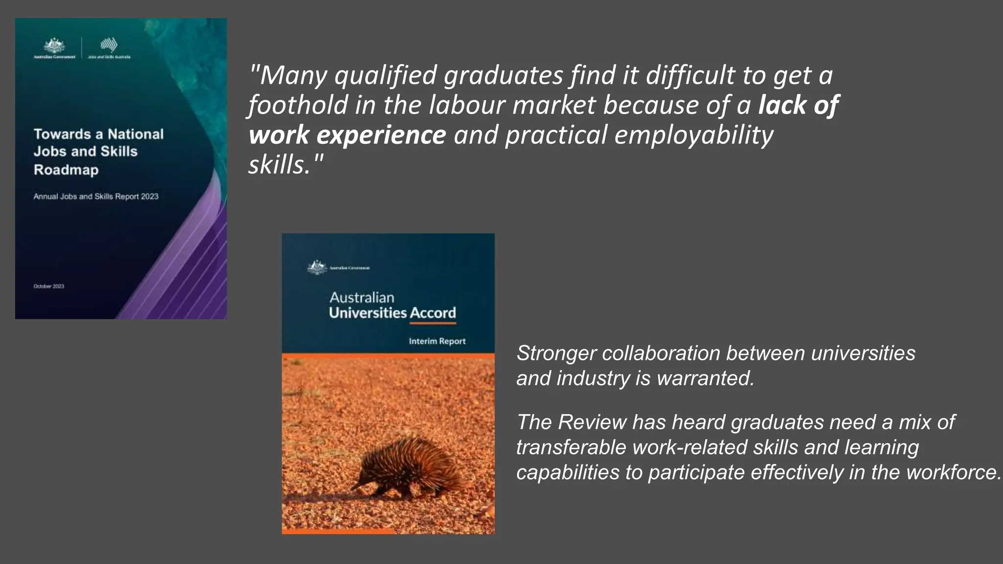 "Many qualified graduates find it difficult to get a
foothold in the labour market because of a lack of
work experience and practical employability
skills."
Stronger collaboration between universities
and industry is warranted.
The Review has heard graduates need a mix of
transferable work-related skills and learning
capabilities to participate effectively in the workforce.
 