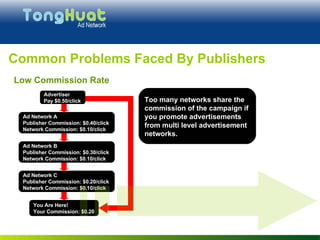 Advertiser Pay $0.50/click Ad Network A Publisher Commission: $0.40/click Network Commission: $0.10/click You Are Here! Your Commission: $0.20 Too many networks share the commission of the campaign if you promote advertisements from multi level advertisement networks. Common Problems Faced By Publishers   Ad Network B Publisher Commission: $0.30/click Network Commission: $0.10/click Ad Network C Publisher Commission: $0.20/click Network Commission: $0.10/click Low Commission Rate 