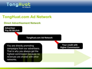 TongHuat.com Ad Network Your credit with  Higher Commission  You are directly promoting campaigns from our advertisers. That is why you always get the highest commission because no revenues are shared with other networks. Advertiser Pay $0.50/click TongHuat.com Ad Network Direct Advertisement Network 